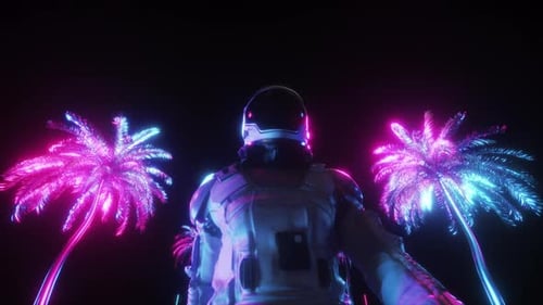Fond de synthwave futuriste représentant un astronaute ambulant et des paumes lumineuses au néon