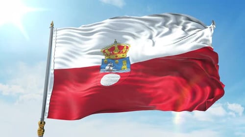 Realistic Waving Flag with White and Red Stripes and Coat of Arms