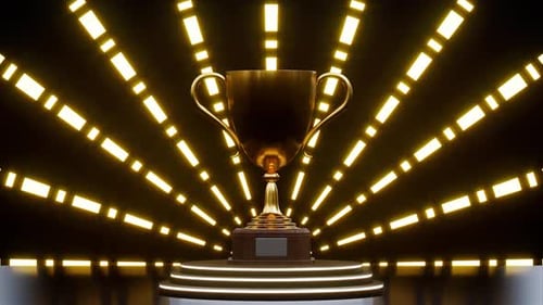 Golden Award Trophy on Rotating Podium with Radiating Light Beams