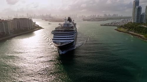 The Large Cruise Liner Departing From the Miami Port on Bright Sunny Evening Wide Aerial View