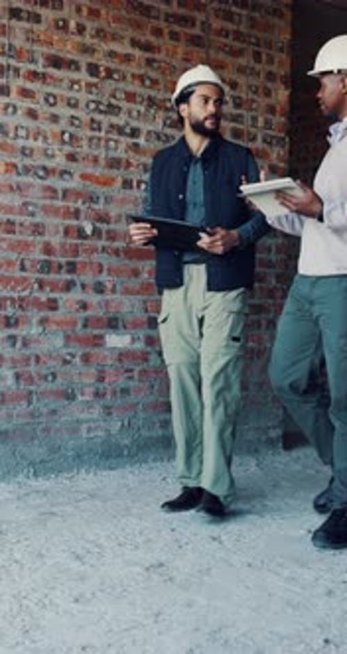 Architect, inspection and men with tablet, building and research for property development and ideas