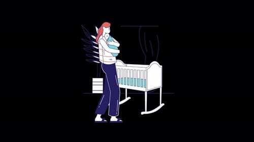Mutter wiegt Baby in der Nähe eines Kinderbetts und porträtiert fürsorgliche Fürsorge