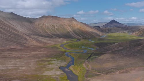 Aerial View of Winding River and Rugged Valley in Icelandic Highlands