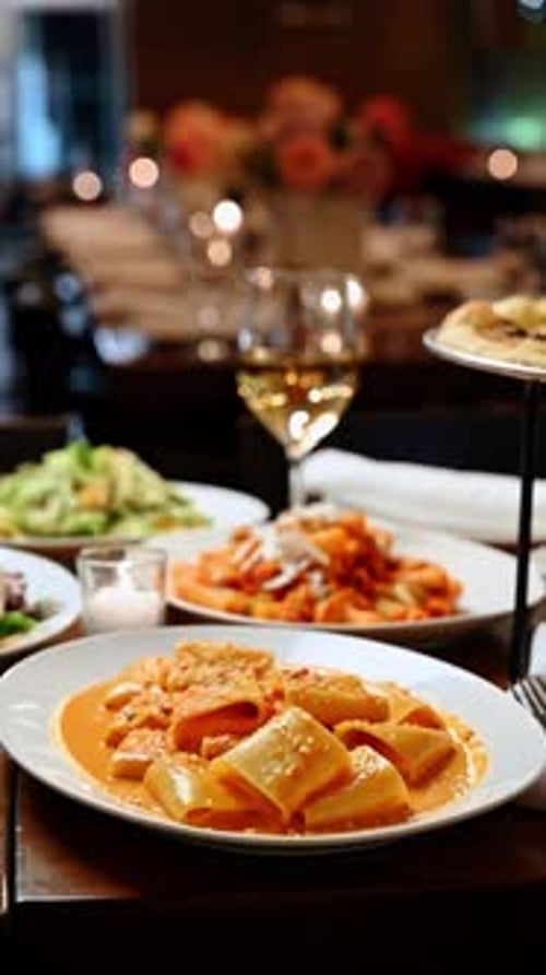 Dinner table with various pasta dishes, salad, and wine at a restaurant.