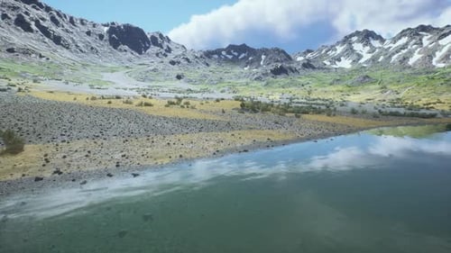 Serene Mountain Landscape with a Calm Lake Reflecting the Sky at Midday