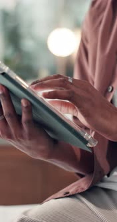 Tablet, scroll and hands of business person in office for online feedback