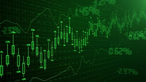 Candles of Growing Stock Market Exchange Green Bullish Trend Forex Trading Candlestick Graph