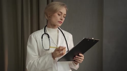 Senior Female Doctor Reviewing Medical Records in a Clinic During Daytime