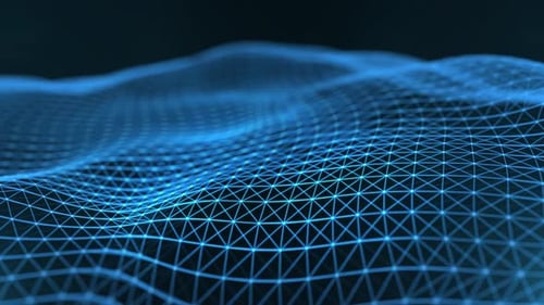 Abstract digital dynamic waves of particles and lines interwoven with light motion lights background