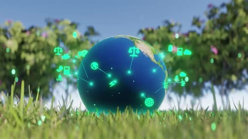 Global Digital Network: Sustainability Icons Orbiting Earth