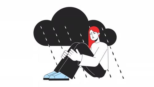 Animated Flat Design Illustration of Person Under Sad Rain Cloud