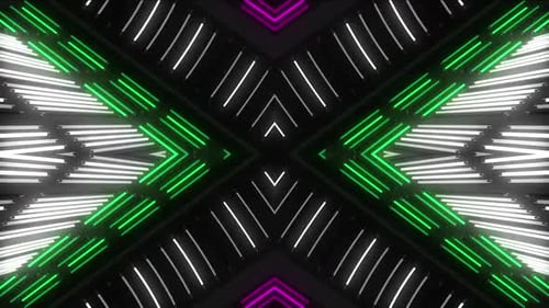 Dynamic neon light tunnel with vibrant green and white glow effects