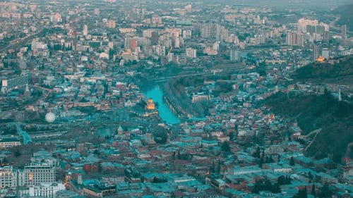 Tbilisi Georgia Urban Cityscape From Midday To Night Elevated Top Scenic View Of Park Rike In