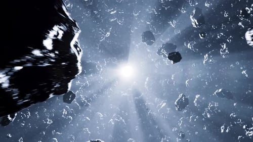 Animated Asteroid Field with Bright Light Rays