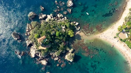 Aerial view of Isola Bella in Taormina, Sicily, Italy. Isola Bella is small island near Taormina, Si