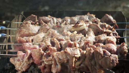 Raw Meat Grilling on Outdoor Grill. Close Up Fresh Meat Skewers On