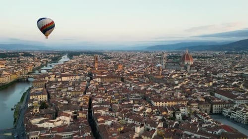 Colorful Hot Air Balloon Epic Flying Above Florence at Sunrise Italy