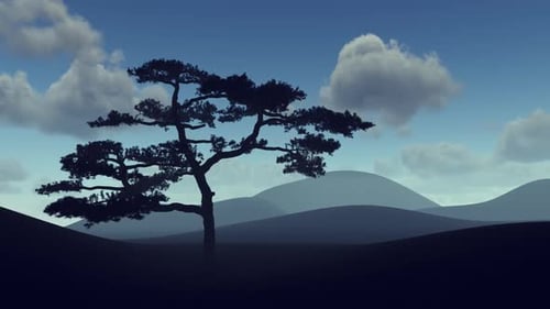 Lonely zen tree at night in fog and clouds.