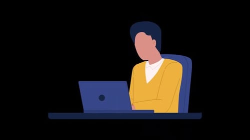 Animated Flat Design Male Character Working on Laptop