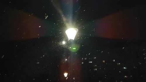 Falling Snow Shining Lantern Glowing Light Windows Buildings City Winter Night
