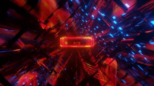 Marco geométrico brillante dentro de un túnel futurista