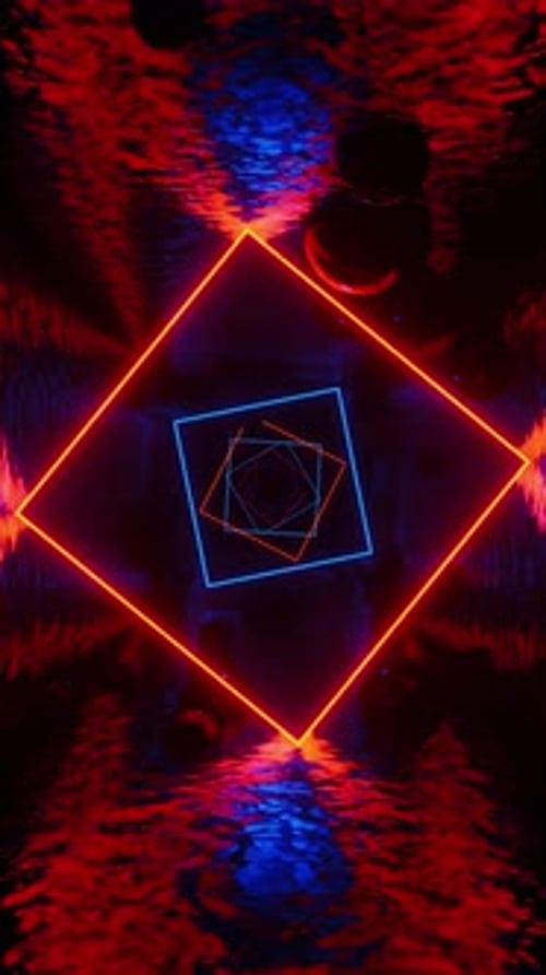 Square room with neon squares and black balls. Looped animation