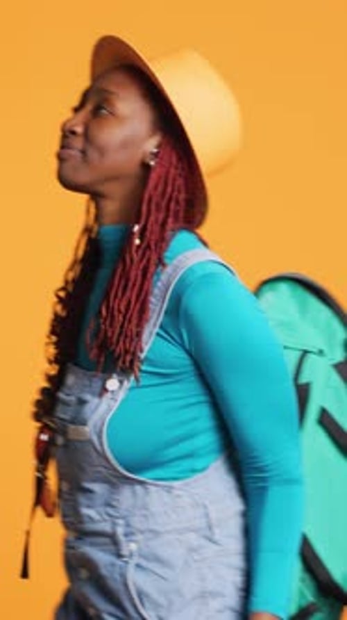 Vertical Video Female Tourist Carrying Trolleys Bags Baggage