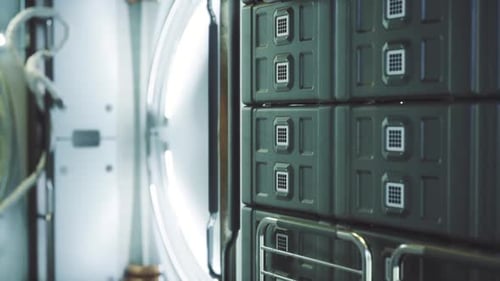 Panneaux et trappes métalliques dans l'environnement du corridor de la station spatiale