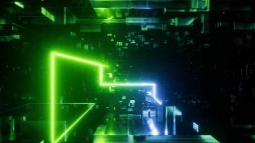 geometric shapes and moving blue green neon line