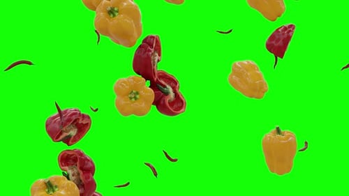 Peppers Capsicum Falling On Green Screen With Alpha Matte