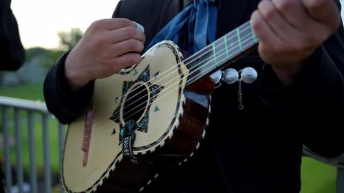 Musician Playing a Traditional String Instrument Mariachi Band Wearing a Dark Suit with Decorative