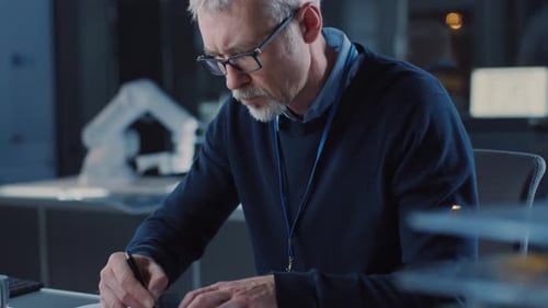 Professional Heavy Industry Engineer Draws Engine Concept Blueprint, References Computer. Engineeri