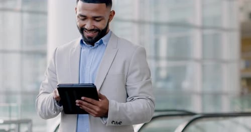 Business man, tablet and lawyer in office on social media, typing email or research