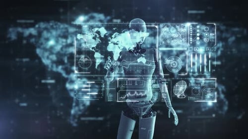 Robot Interacting with Futuristic Holographic Interface Displaying Global Data