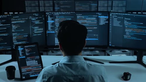 Asian Man Working With Tablet While Write Code With Multiple Computer Screens In office