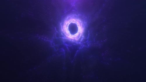 Abstract digital flow of Sci Fi glowing purple enegy tunnel on dark background.
