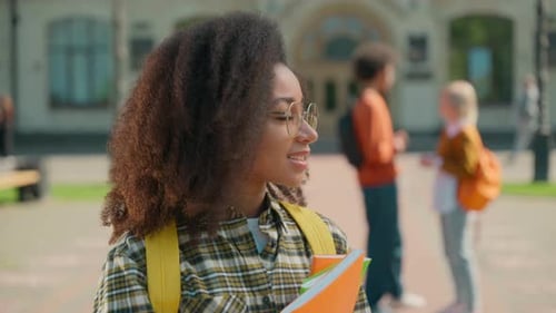Portrait African American Female Student Smiling in Glasses Looking at Camera University Happy Girl