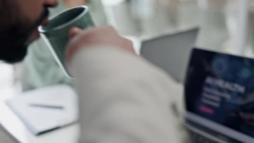 Businessman, drink and working with coffee in office, workplace and employee reading ai