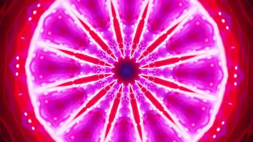 Blaue und lila Blüte mit blauer Mitte, umgeben von kleineren blauen und roten Blütenblättern. Kaleidoskop VJ l
