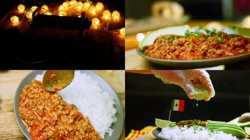 Plates of Rice with Meat and Bean Dish
