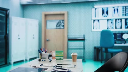 Empty Doctor Office Featuring Modern Medical Equipment and Drugs