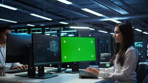 Admin Using AI Tech on Isolated Screen PC to Do Maintenance in Server Room