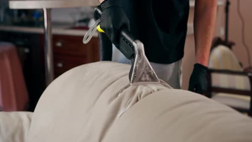 Detail of Person Cleaning Sofa with Vacuum Cleaner