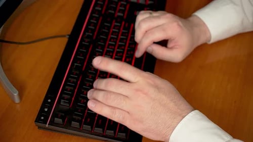 Close Up Man Hands Typing on Keyboard Pressing Keys Male Hands Quickly Pressing Buttons on Keyboard
