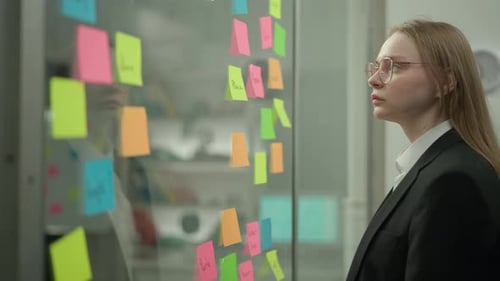 Portrait of Company Executive in Office Planning Project on Notes Business Woman Removes Note with