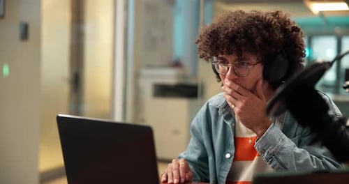 Reading, laptop or man with mic, live stream or host for talk show on web, platform or production