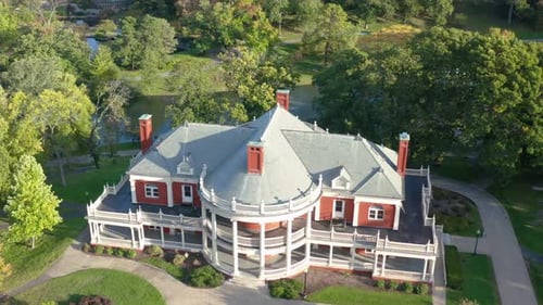 Aerial two story historical Roger Williams Park casino venue Providence, RI