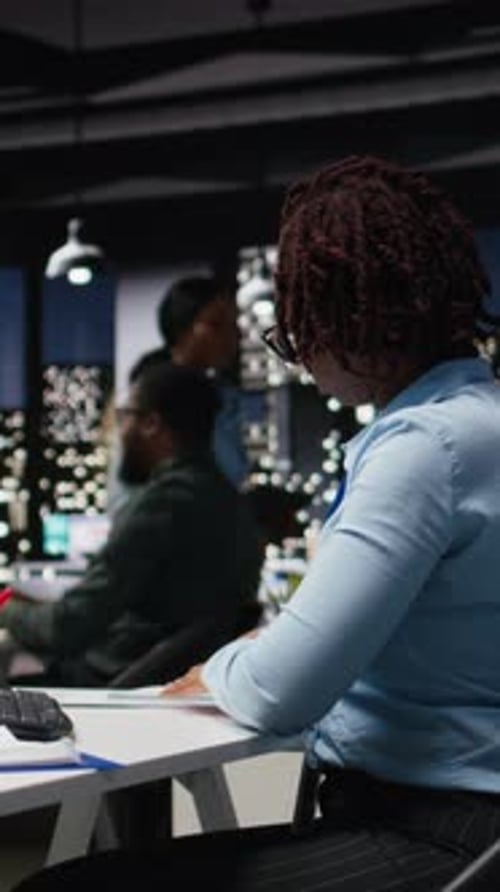 Vertical Video Young Female Analyst Uses AI Neural Networks for Data Mining and Optimization