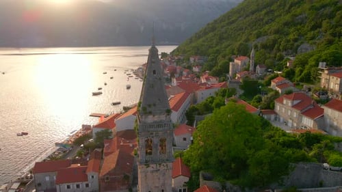 A Stunning Aerial View of the Charming City of Perast in Montenegro Where the Bell Tower in the