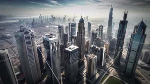 Red que conecta edificios modernos en el centro de la ciudad de negocios